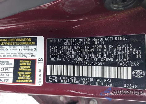 2014 Toyota Avalon Limited z USA, uszkodzony, nr VIN 4T1BK1EBXEU134562